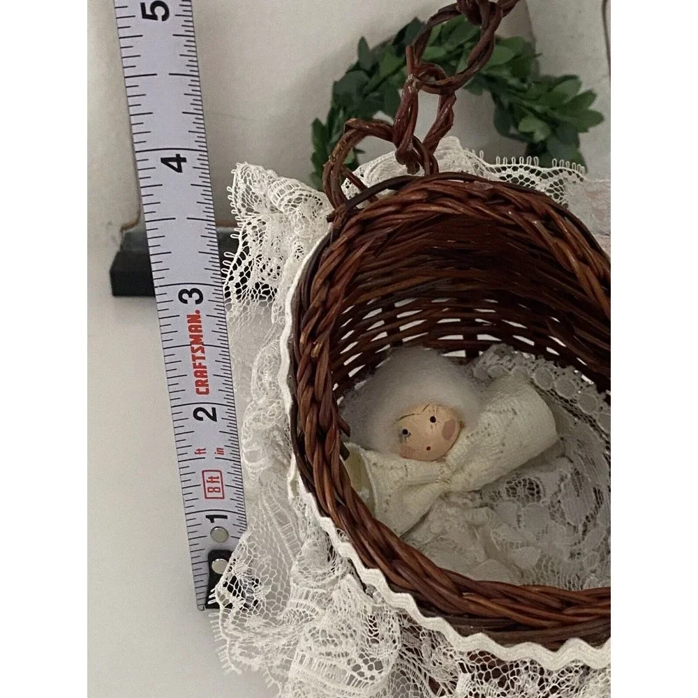 Hanging Wicker Doll Basket Vintage‎ Doll Bassinet with Angel Lace Doll Ornament